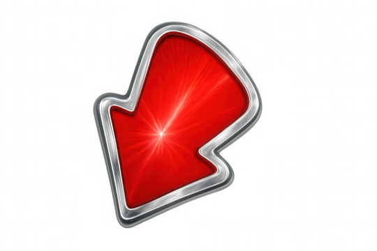 Chrome-framed red downward arrow on transparent surface, highlighting digital interface graphic design element