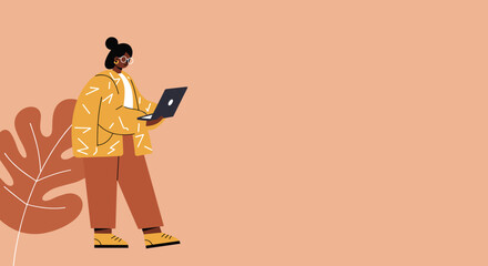 Modern illustration of a woman working remotely on a laptop, representing productivity, freelance work, and digital lifestyle. Plenty of copy space.