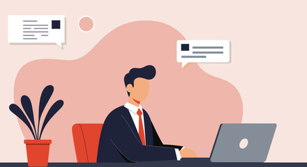 Professional businessman working on a laptop, engaged in online communication or virtual meetings from an office or home setting. Ideal for business, technology, or remote work concepts.