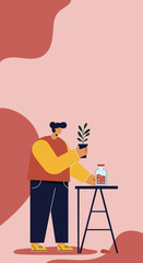 Person caring for a small potted plant, holding it next to a bottle on a table. Illustrates gardening, self-care, and home hobbies.