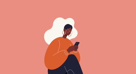 Stylish woman engrossed in her smartphone, illustrating concepts of digital communication, social networking, and modern lifestyle. Ideal for technology, app, or connectivity themes.