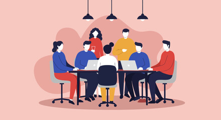 A diverse team of professionals collaborates in a modern office, fostering discussion and productivity. Ideal for business, technology, and corporate themes.