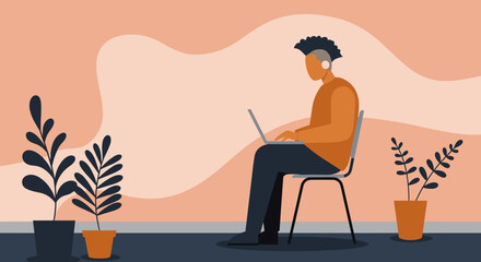 Person with unique hairstyle working on a laptop with headphones in a minimalist home office setting, surrounded by plants. Ideal for themes of remote work, productivity, and modern lifestyle.