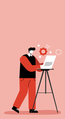 A person focuses on a document or design on a stand, symbolizing strategy, innovation, and development in business or creative work.