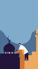 Muslim man engaged in prayer or religious study near a mosque, blending tradition with modern elements. Ideal for faith, culture, or technology themes.