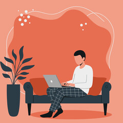 Man working comfortably from home on his laptop, embodying remote work and digital lifestyle. Ideal for business, productivity, and flexible living concepts.