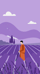 Farmer tending to vibrant lavender fields under a serene sky, showcasing agriculture, rural beauty, and aromatic harvest. Ideal for travel, lifestyle, and nature concepts.