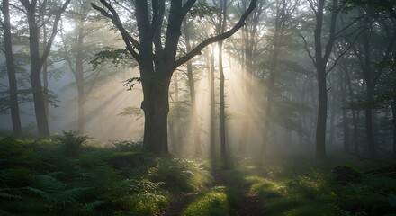 Obraz premium Ethereal morning light filters through a foggy forest, casting dramatic sun rays onto the vibrant green ferns and trees, creating a serene and mystical woodland scene.