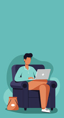Man focused on his laptop, working from home in a cozy armchair. Depicts remote work, online learning, or digital lifestyle.