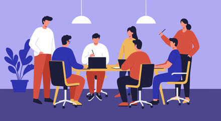 Diverse business team collaborating in a modern office meeting, discussing projects with laptops. Perfect for themes of teamwork, innovation, and corporate strategy.