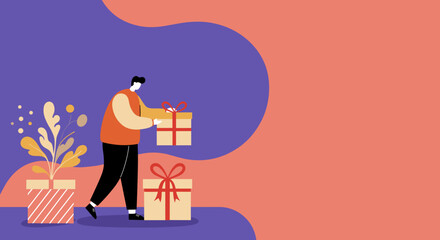 Man arranging or delivering gifts in a vibrant, abstract setting. Ideal for holiday promotions, special occasions, and retail concepts.