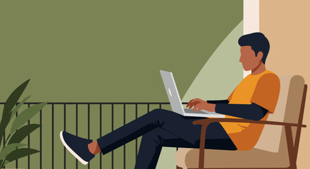 Relaxed man working on his laptop from a balcony or patio, embodying modern remote work and a flexible digital lifestyle.