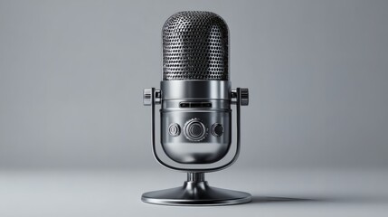 Premium silver studio microphone on gray seamless background, centered product packshot with soft shadow