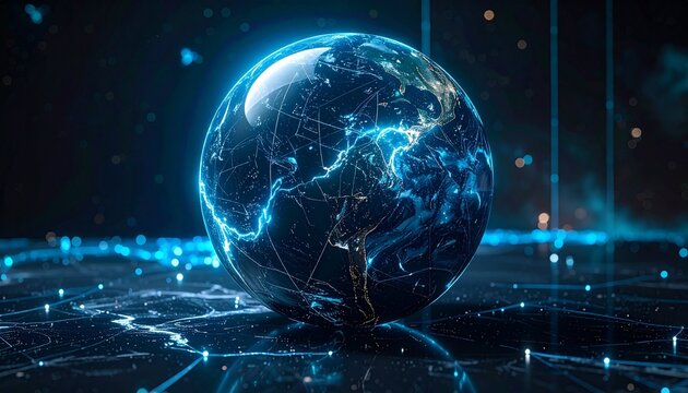 Digital globe with glowing blue nodes and lines over Atlantic, symbolizing global data connectivity on dark tech background.