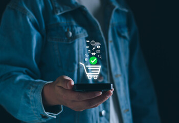 online shopping concept, businessman use smartphones and credit cards to purchase products from online stores and shop on the internet, ecommerce store, business technology.