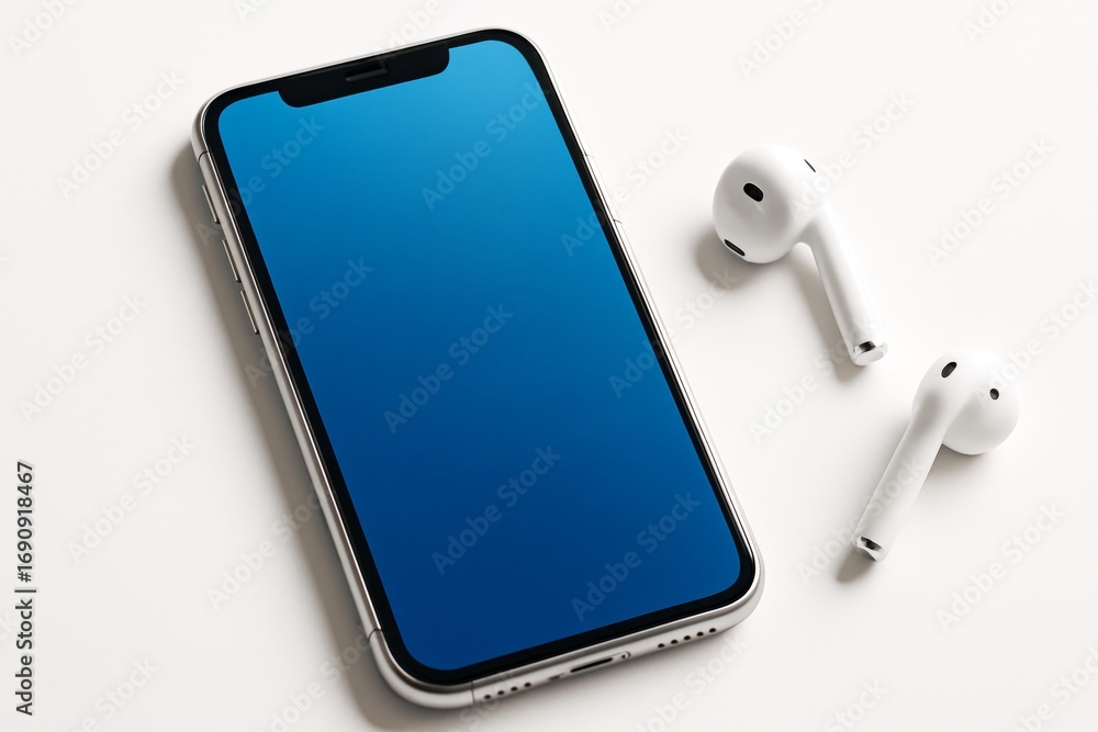 Poster smartphone with blank screen and wireless earbuds on clean white background used for tech branding m