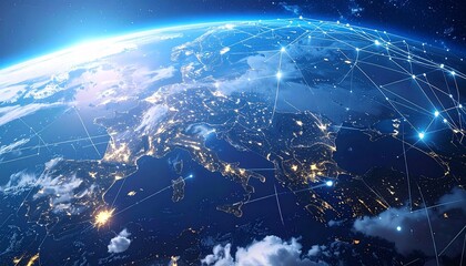 Digital globe with glowing blue nodes and lines over Atlantic, symbolizing global data connectivity on dark tech background.