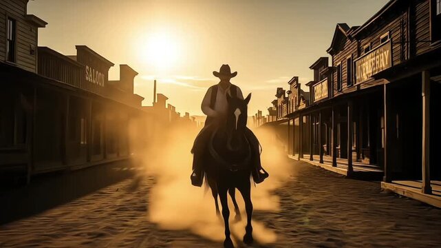 A cowboy riding a horse through a dusty old western town at sunset.