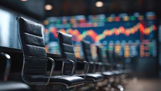 Dark office chairs in front of a blurred financial screen