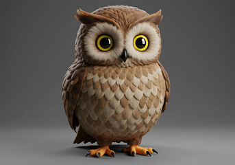 Obraz premium A charming owl with big eyes on gray background.