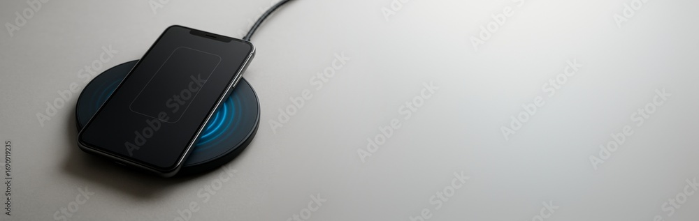 Poster smartphone charging wirelessly on round pad placed on clean surface with large copyspace on soft lig