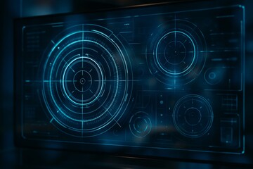 Futuristic digital interface with glowing circular HUD elements on a dark background illustrating a high-tech control technology concept. Ai generative