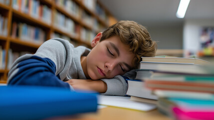 Tired student boy sleeping on books at a desk in a library aisle.
