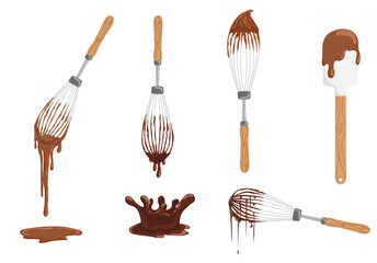 Whisks and spatula with melted milk and dark chocolate drops and splashes. Vector hand drawn illustration for dessert design, pastry shop decoration, cafe menu and bakery branding
