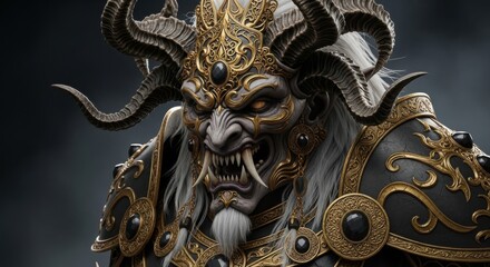 Fototapeta premium Powerful Demonic Warrior with Majestic Golden Armor and Fierce Horns