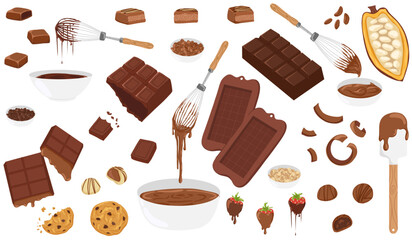 Chocolate set with bars, pralines, cookies, strawberries, cocoa beans, bowls and kitchen tools. Vector hand drawn illustration for packaging, confectionery branding, sweet recipes, stickers, print