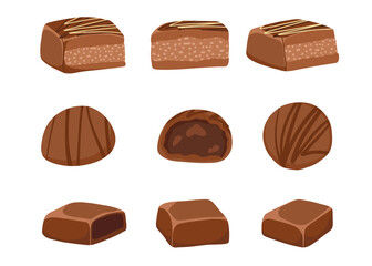 Chocolate candies set. Homemade dessert with milk and dark chocolate and nuts. Vector hand drawn illustration for packaging, confectionery branding, sweet recipes, stickers, print