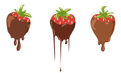 Strawberries dipped in melted chocolate with dripping drops and flowing glaze. Vector hand drawn illustration for sweet dessert design, cafe menu, packaging, confectionery branding, stickers