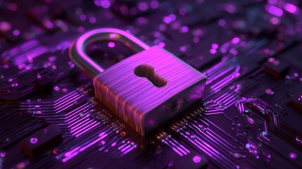 Cyber security padlock symbolizes digital protection and encryption resting on a futuristic motherboard shining with purple light.