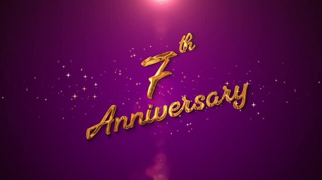 Golden &ldquo;7th Anniversary&rdquo; text animation with sparkling particles, glowing shine, and elegant light effects. Perfect for wedding anniversaries, relationship milestones, company events