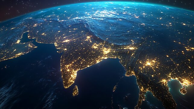 Stunning night view of India from space with city lights glowing across the land