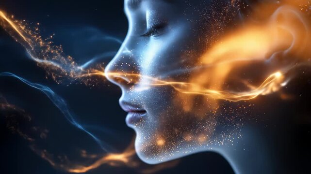 Futuristic digital art of woman face with glowing particles and light trails, creating surreal and ethereal atmosphere that emphasizes imagination, technology, and serenity in dark background