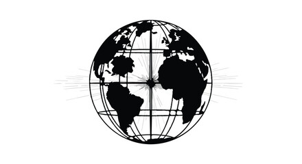 Global connection and communication symbolized by a stylized black globe with radiating lines on white background