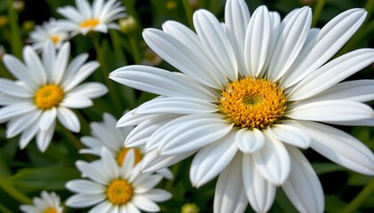 Obraz premium A serene garden setting featuring two sunflowers with vibrant yellow centers and white petals in full bloom.