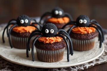 Spooky spider cupcakes with licorice legs 