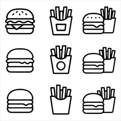 Stylized Burger and Fries Icons Fast Food Meal Set in Black Outline.
