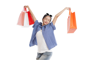 Joyful Shopper: A stylish shopper radiates happiness as she gleefully raises vibrant shopping bags, embodying the bliss of retail therapy and fashion purchases.
