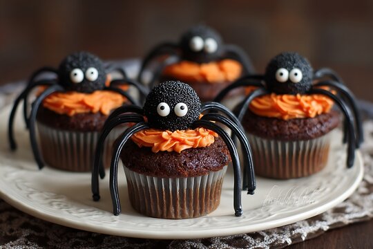 Spooky spider cupcakes with licorice legs 