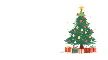 Festive Christmas tree adorned with ornaments and gifts creates a joyful holiday scene for promotions