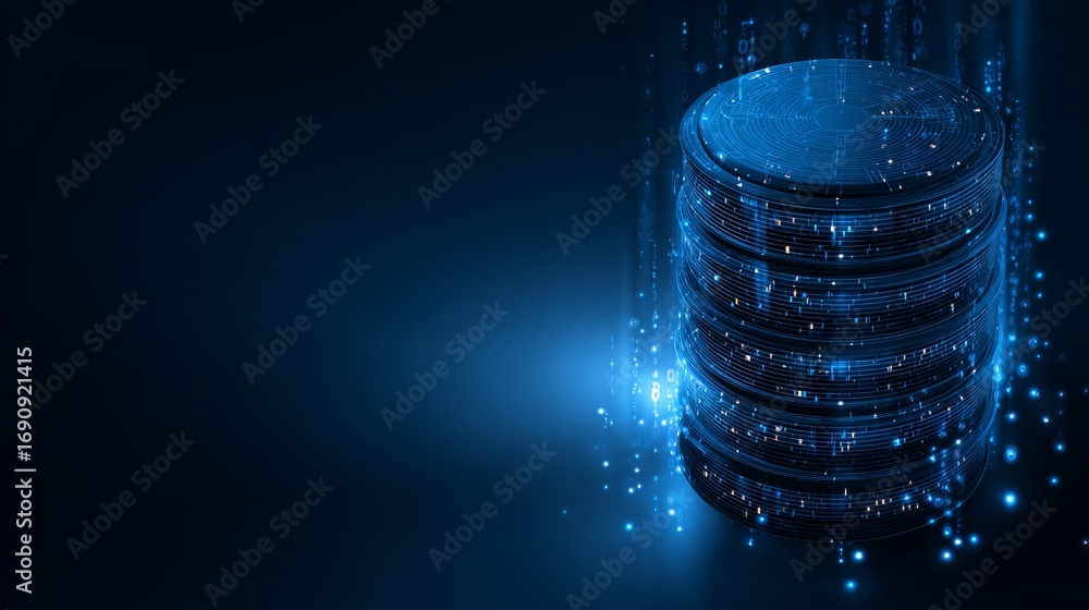 Poster digital data storage server database with blue light, virtual technology, glowing information cloud,