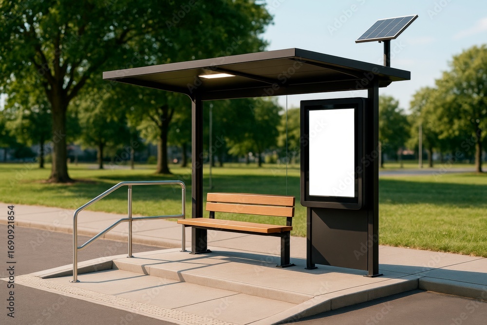Poster blank advertising display mockup at modern bus stop with bench and solar panel in sunny park environ