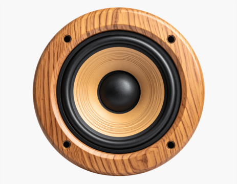 Round Wood Grain Speaker with Black Mesh Front, Centered Front View, Isolated on Transparent Background