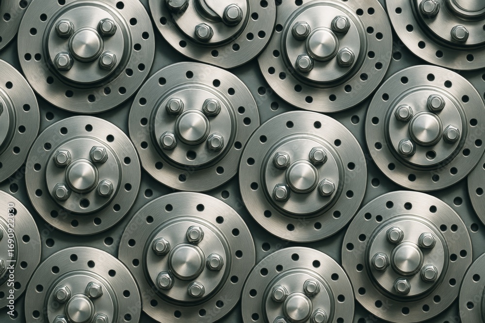 Poster circular metal car wheel hubs arranged in a repeating geometric pattern with bolts and holes on an i