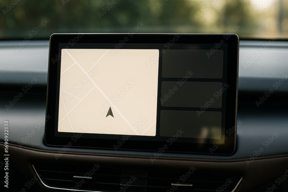 Poster modern car dashboard with gps navigation screen showing digital map and arrow interface, surrounded 