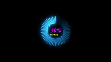 Glowing circular techno-style digital loading screen with progress bars countdown transfer download animation 0-100%, 4k video on black background. - Powered by Adobe