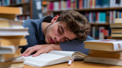 Tired student boy sleeping on books at a desk in a library aisle.
